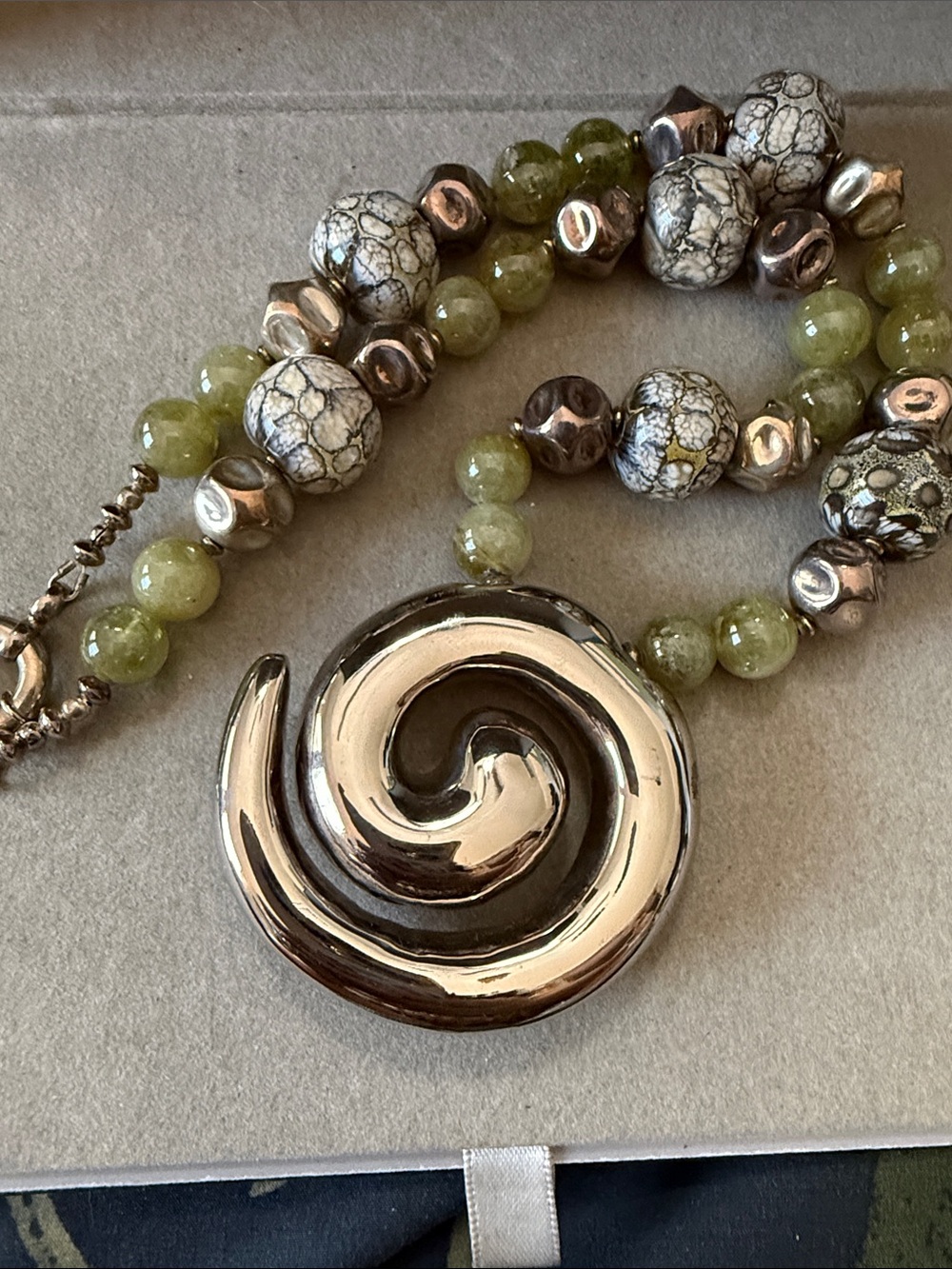 Artisan Sterling Silver Spiral Necklace with Aventurine, Glass, lamp work beads - Picture 9 of 11
